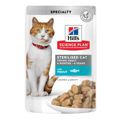 Hills Science Plan Adult Sterilised Cat Young Adult with Trout | Wet (Saqueta) | 12 saquetas de 85 gr | - PetDoctors - Loja Online