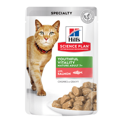Hills Science Plan Feline Adult 7+ Youthful Vitality with Salmon | Wet (Saqueta) | 12 x 85 gr | 12 saquetas de 85 gr - PetDoctors - Loja Online