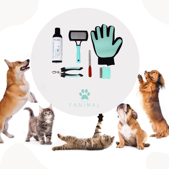 Kit 5 em 1 de limpeza para Cães e Gatos, com Champô, Luva, Escova de dupla face, Lima e Corta-unhas - PetDoctors - Loja Online