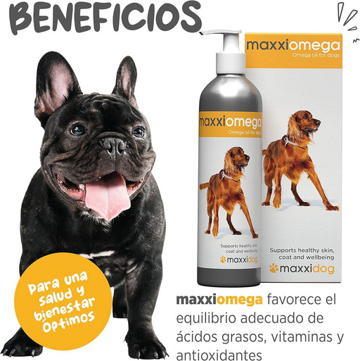 maxxiomega Suplemento em óleo para cães, com bomba de dosagem para fácil administração, ómega 3, 6, 9 e vitaminas A, D, E e biotina | para pele saudável e pêlo brilhante (296 ml) - PetDoctors - Loja Online