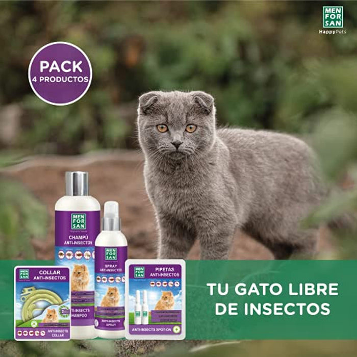 MENFORSAN Pack de 4 Produtos anti-parasitários para Gatos - 4 Produtos repelentes: Coleira, Champô, Spray e 2 Unidades de pipetas Anti Insectos - PetDoctors - Loja Online