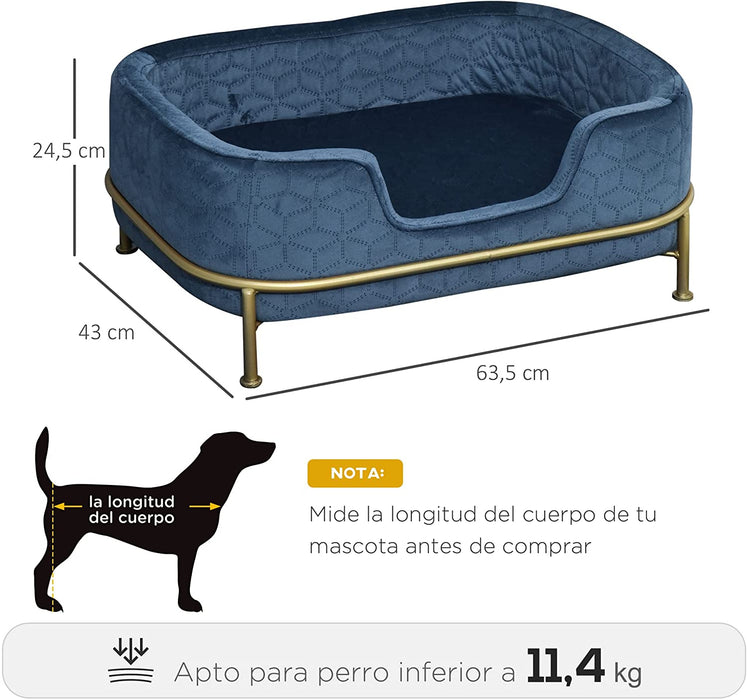 Sofá Cama de Luxo, para Cães pequenos e Gatos, estofado em veludo, Base de metal e bordas elevadas, 63,5 x 43 x 24,5 cm, Azul - PetDoctors - Loja Online