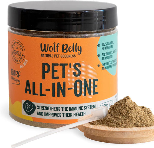 Suplemento para melhorar o bem-estar geral - 180 g - dieta BARF rica em vitaminas, minerais e proteínas para cães e gatos - Melhora o sistema imunitário - 100% natural - Wolf Belly Pets All-in-One - PetDoctors - Loja Online